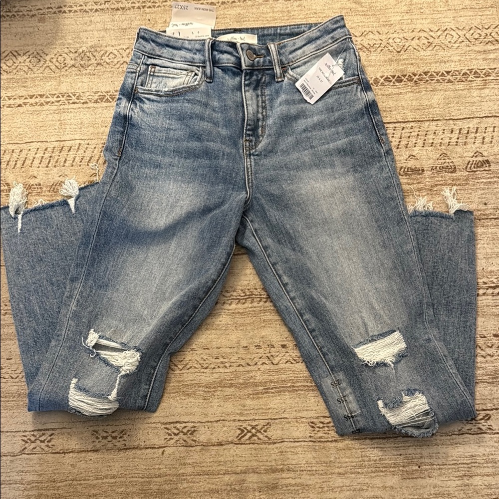 Blue Mom Jeans with Distressed Details